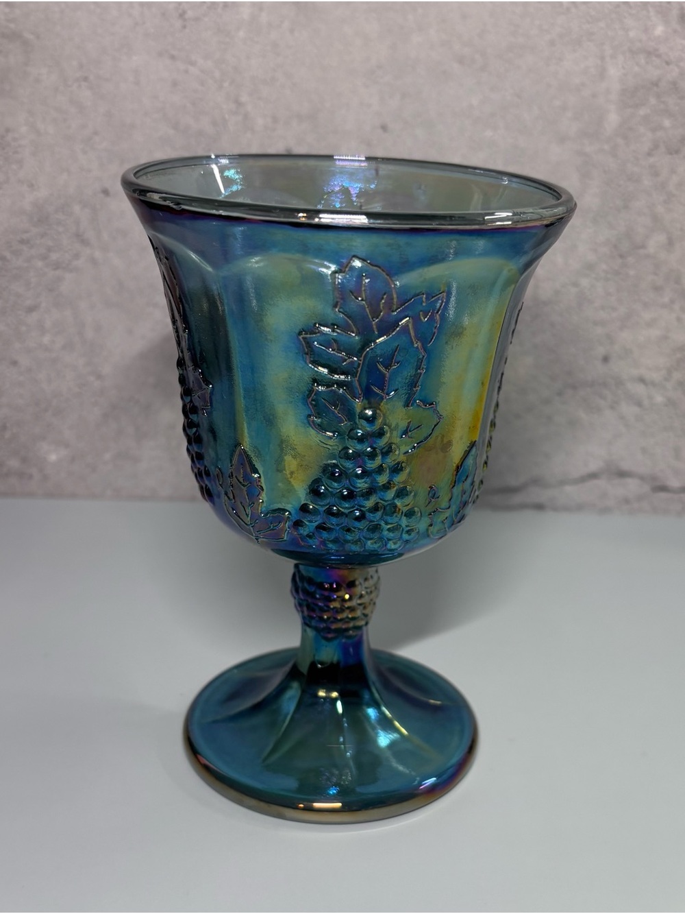 Iridescent Blue-Green Goblet Indiana Glass Harvest Grapes